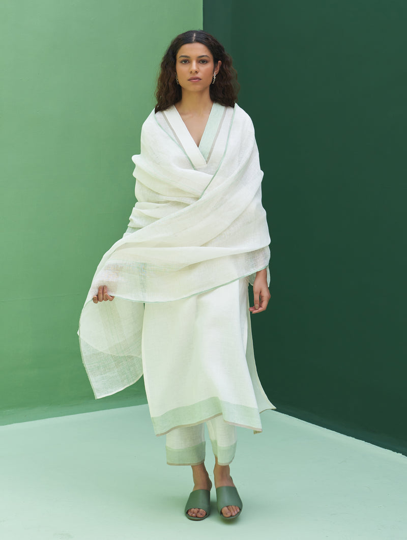 Kuma Stripe Border Linen Dupatta - Mint