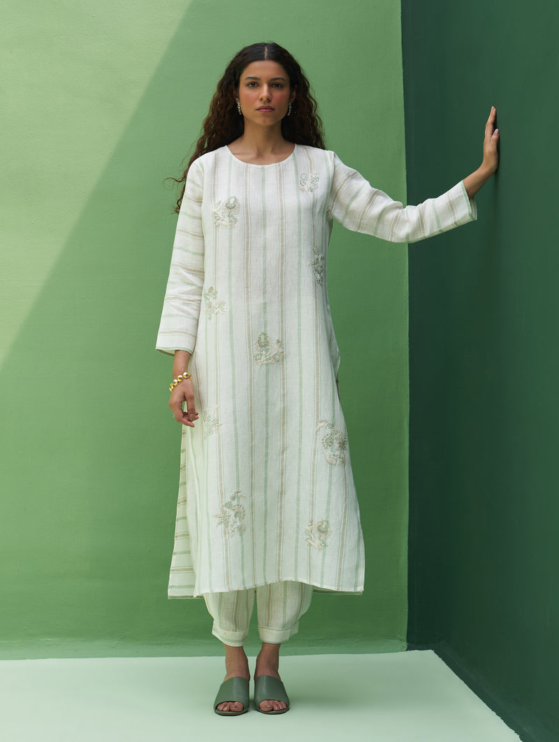 Eiko Striped Linen Kurta Set - Mint