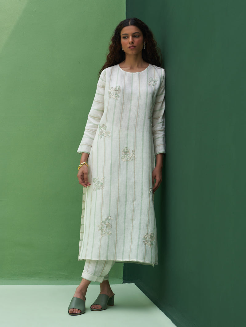 Eiko Striped Linen Kurta Set - Mint