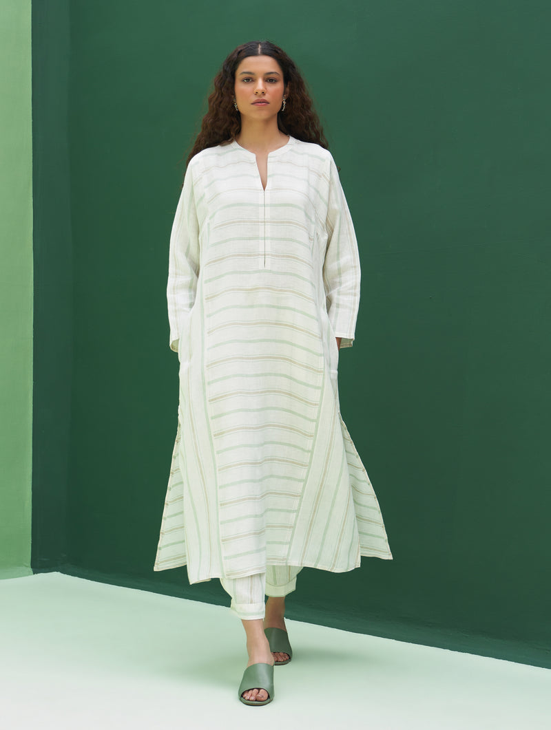 Ezra Striped Linen Kurta Set - Mint