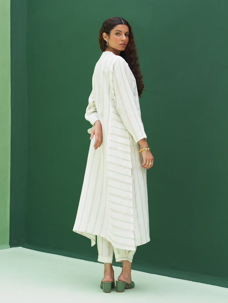 Ezra Striped Linen Kurta - Mint