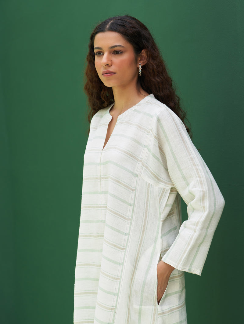 Ezra Striped Linen Kurta - Mint