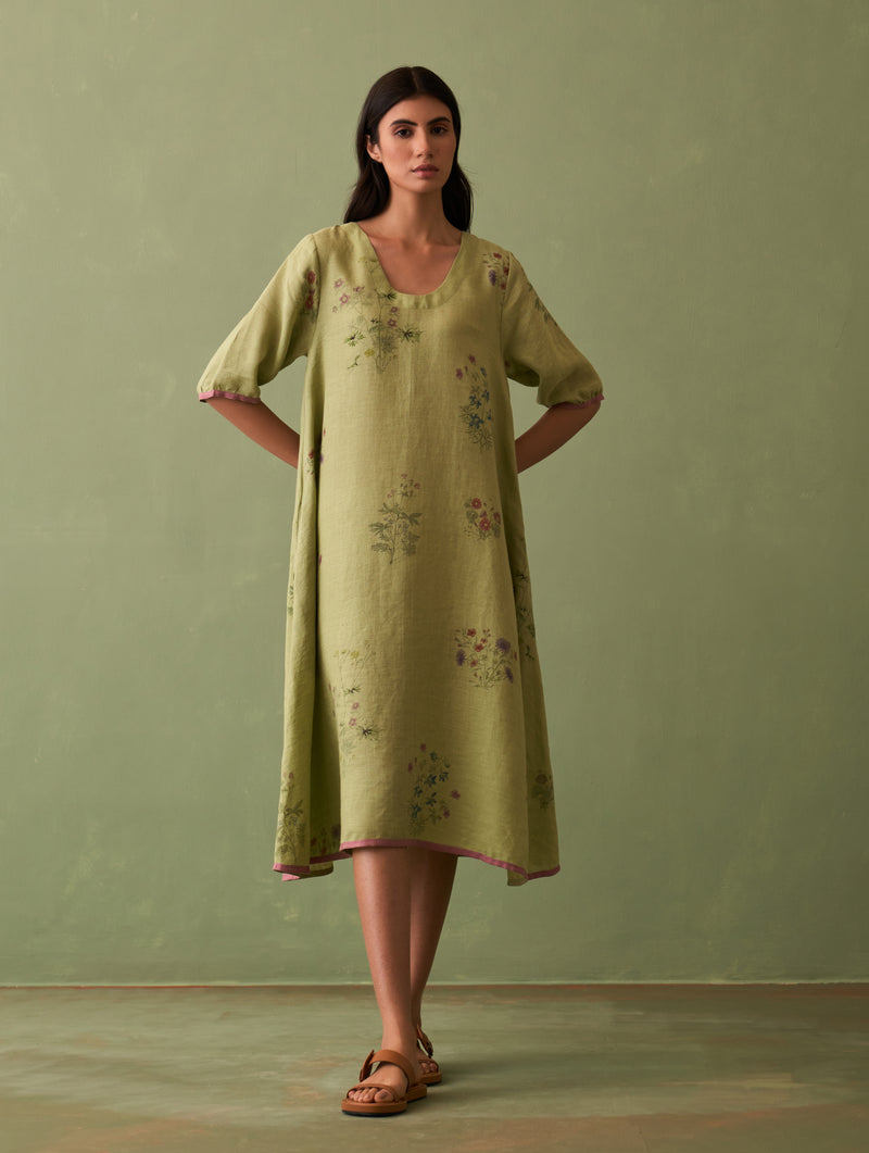 Kanami Botanical Dress with Overlay - Fern