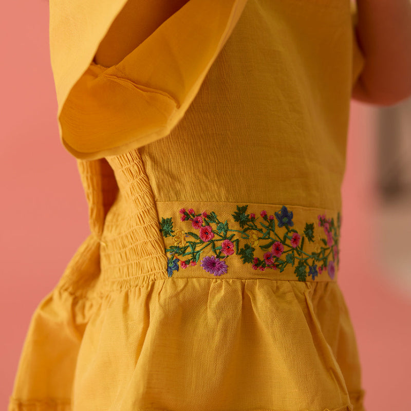 Alina Embroidered Linen Dress - Mustard