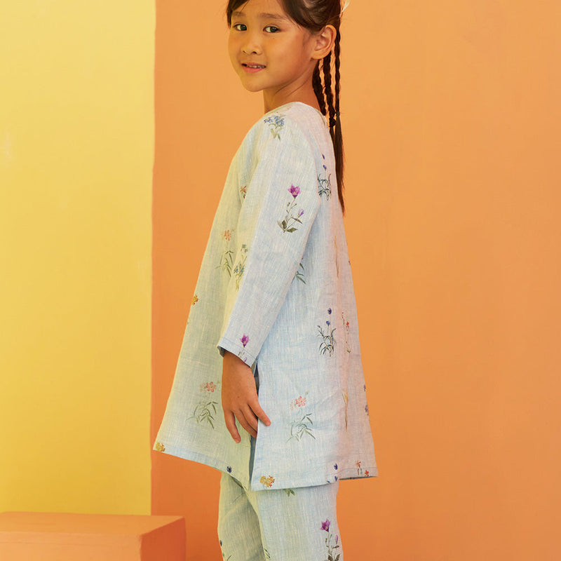 Abella Botanical Linen Kurta - Sky