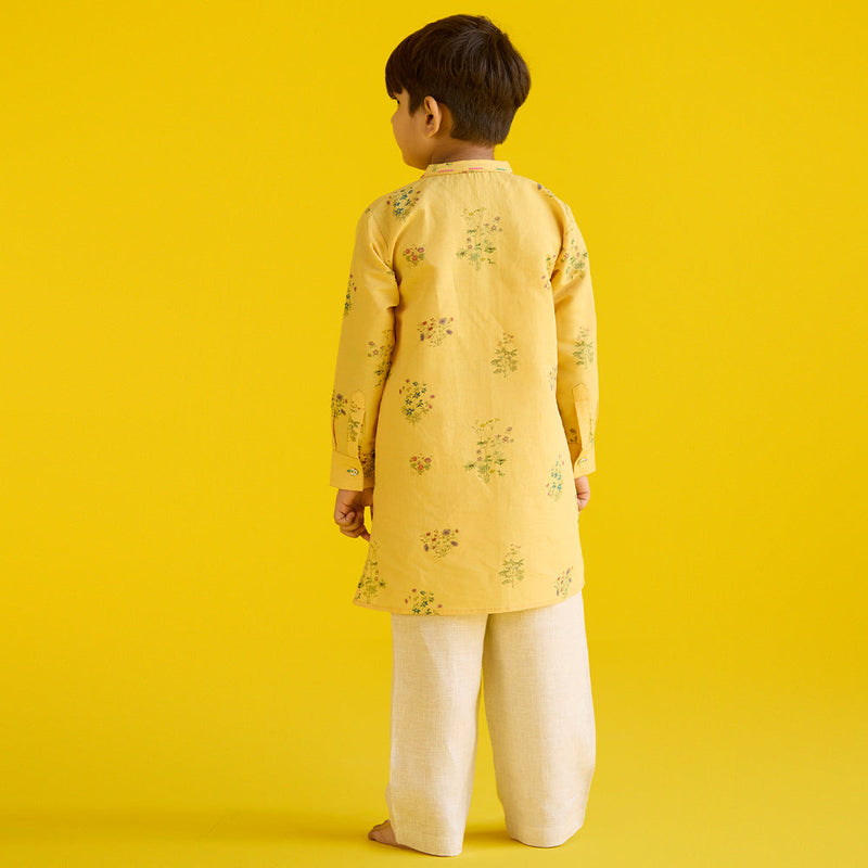 Kash Floral Linen Kurta - Mustard