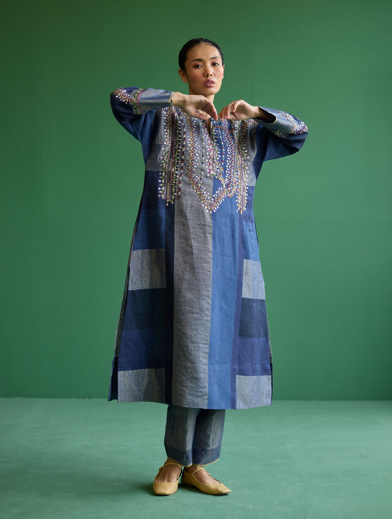 Rida Hand-Embroidered Metallic Linen Kurta - Navy