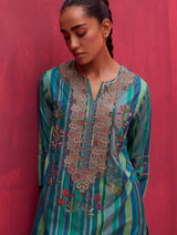 Saana Hand-Embroidered Silk Kurta Set - Peacock