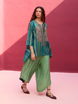 Zahira Block Printed Silk Pants - Peacock