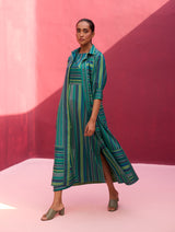 Kinza Stripe Silk Co-ord Set - Peacock