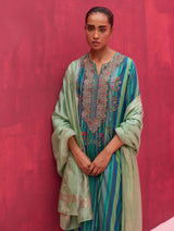 Saana Hand-Embroidered Silk Kurta Set - Peacock