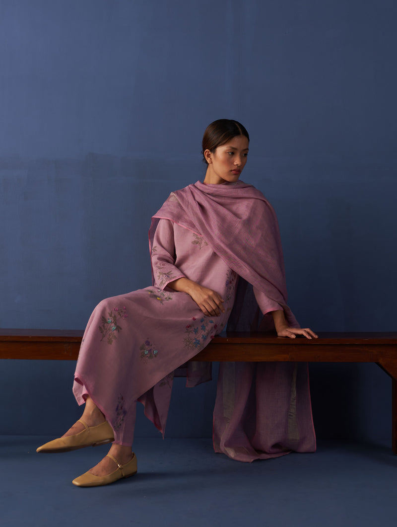 Sakura Botanical Linen Kurta Set - Lavender