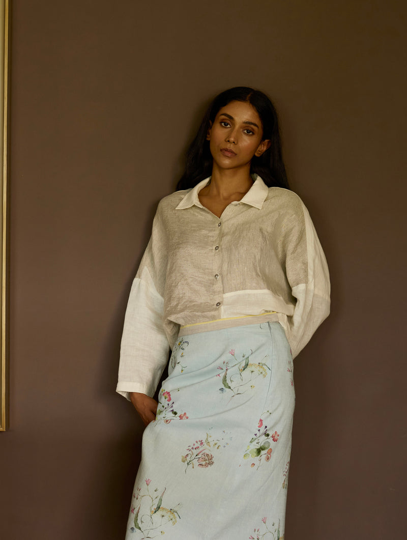 Zaha Ivory Metallic Shirt With Sky Blue Floral Skirt