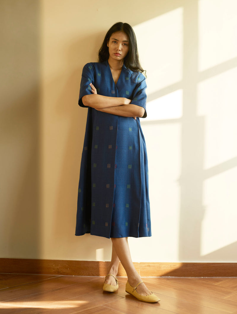 Kayan Jamdani Wool Dress - Navy