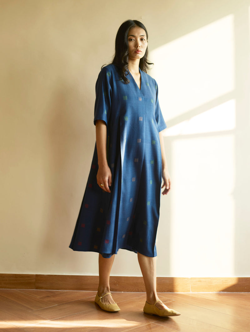 Kayan Jamdani Wool Dress - Navy