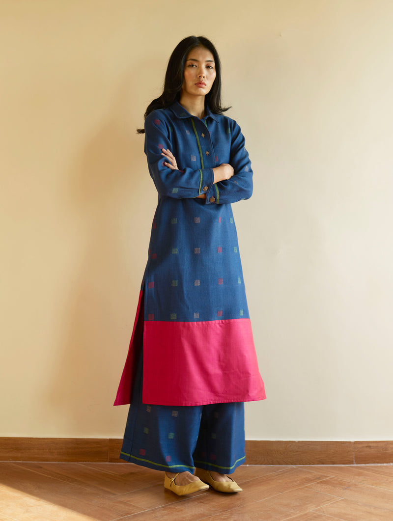 Akia Wool & Silk Kurta Set - Navy