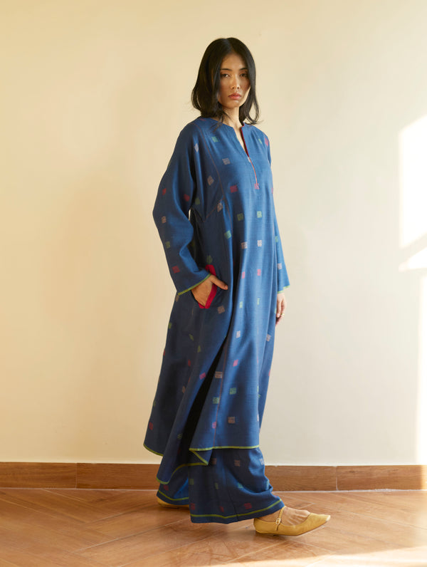 Sakina Jamdani Wool Kurta Set - Navy