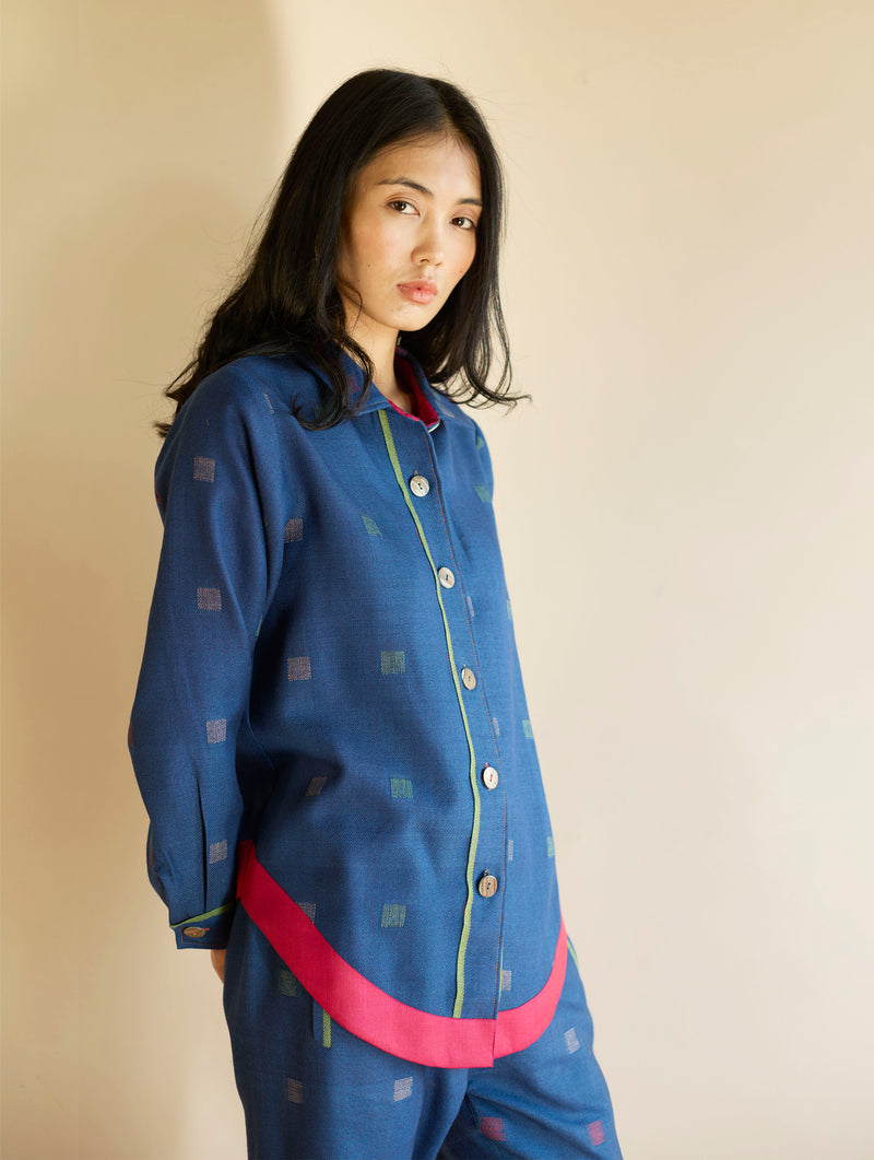 Ayat Jamdani Wool Shirt - Navy