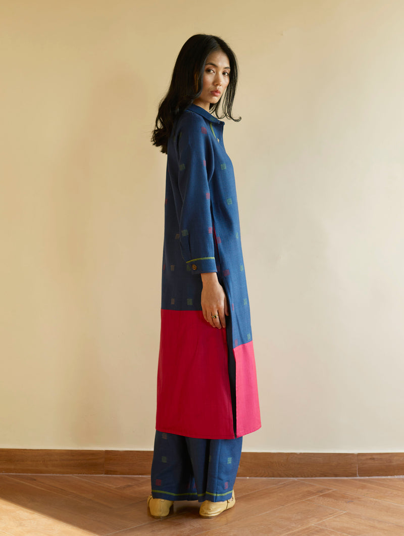 Akia Wool & Silk Kurta Set - Navy