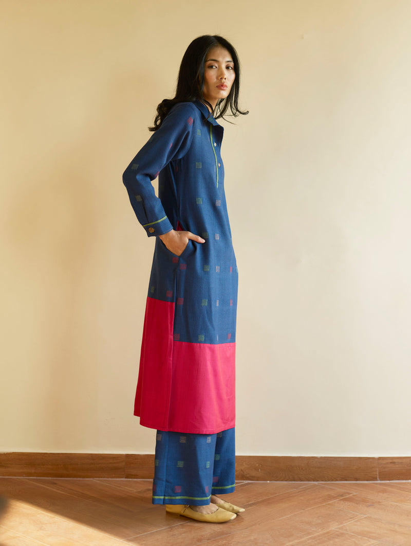 Akia Wool & Silk Kurta - Navy