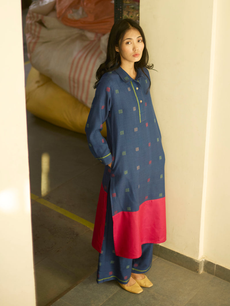 Akia Wool & Silk Kurta - Navy