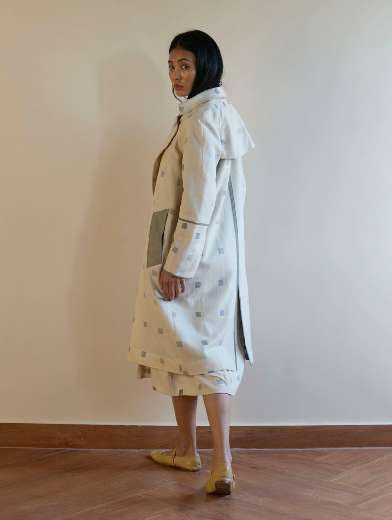 Kayan Jamdani Wool Dress with Jacket - Ivory