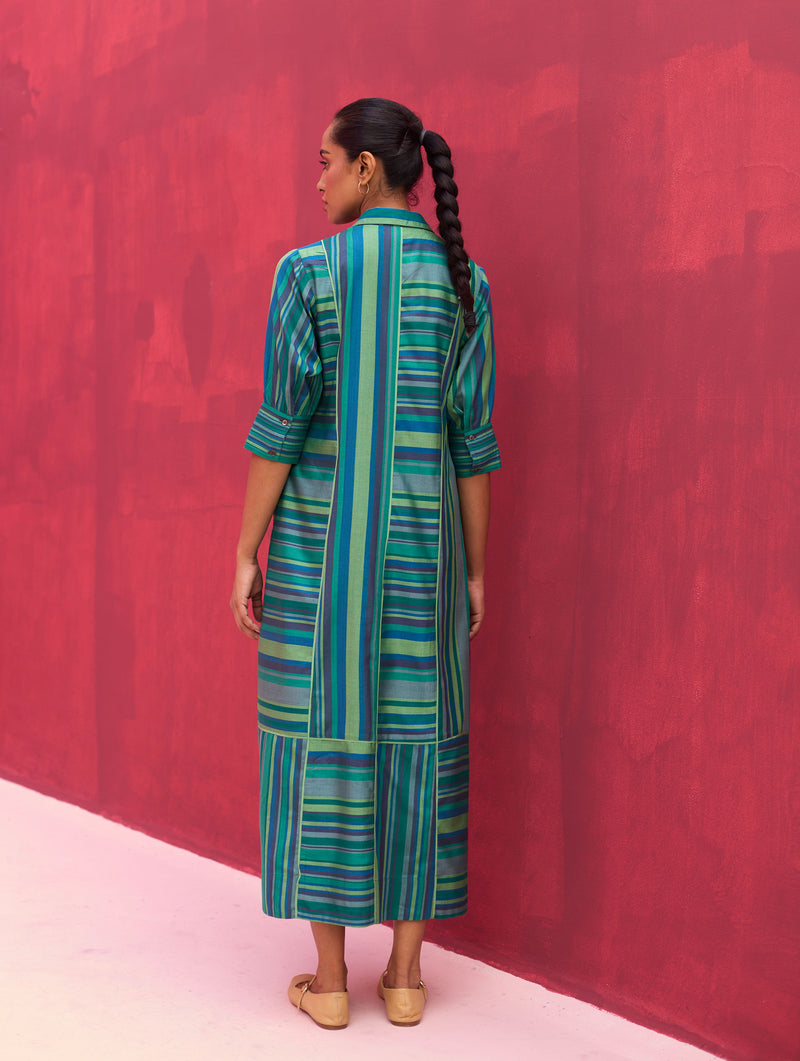 Kinza Paneled Silk Dress - Peacock