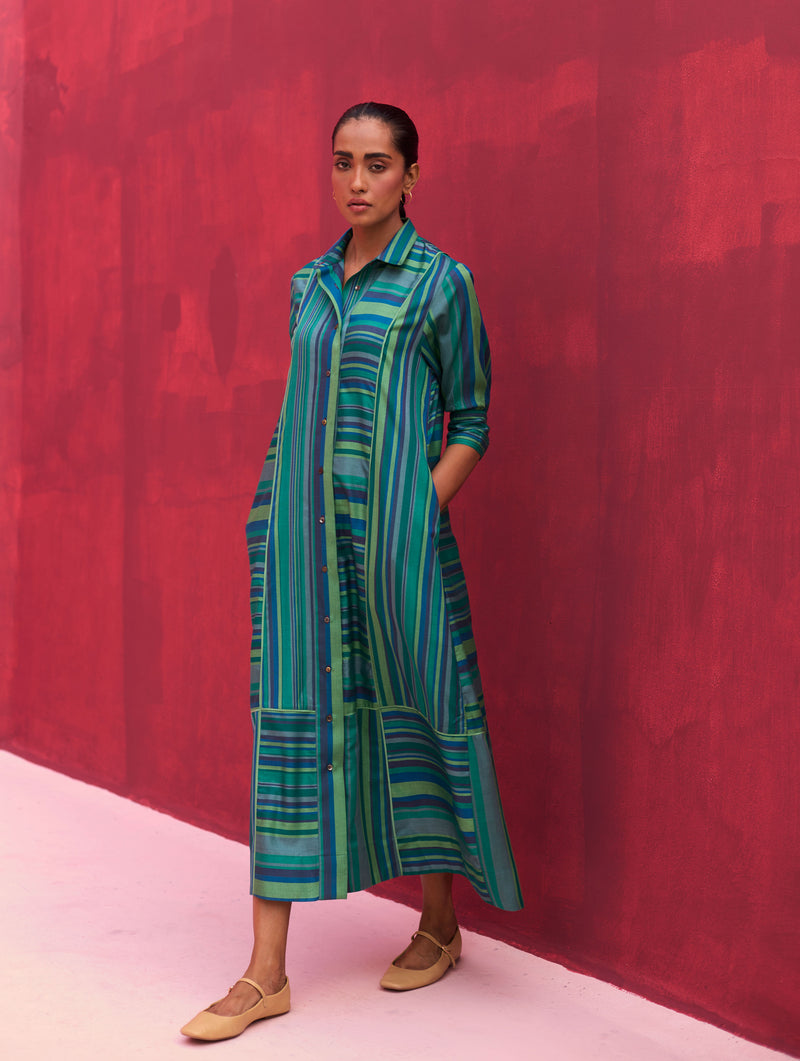 Kinza Paneled Silk Dress - Peacock