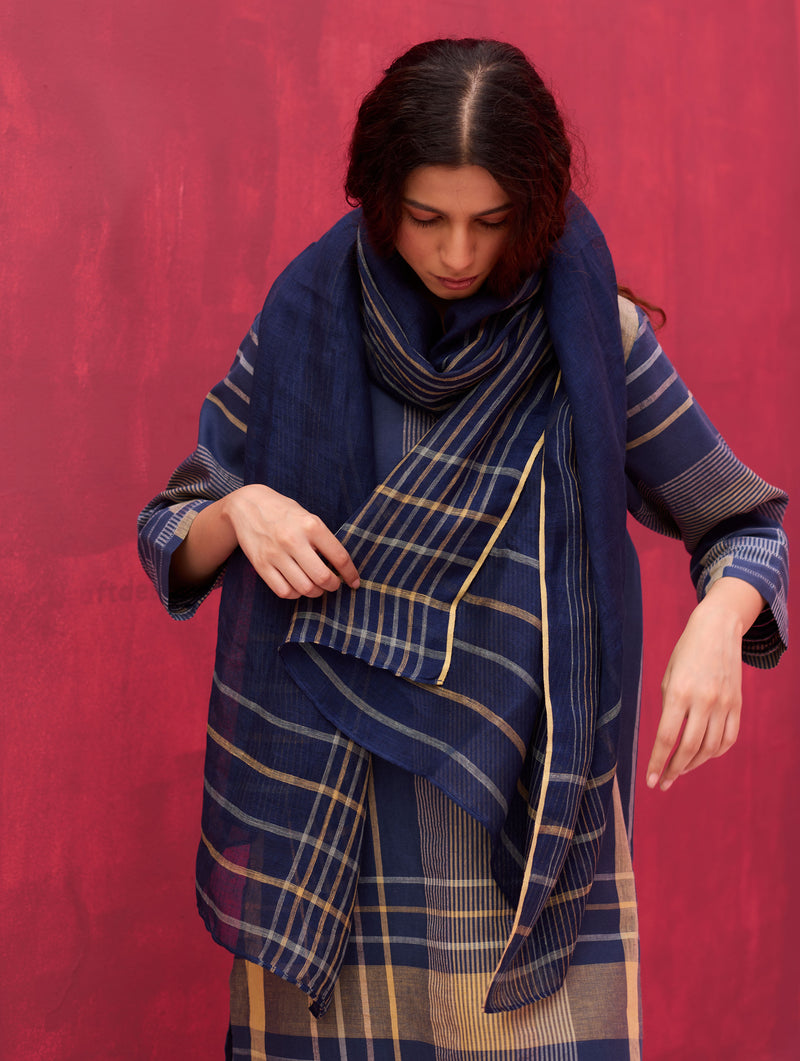 Kiza Handwoven Linen Dupatta - Navy