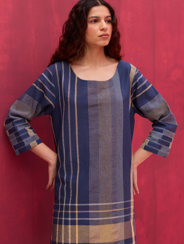 Rina Check Linen Kurta - Navy