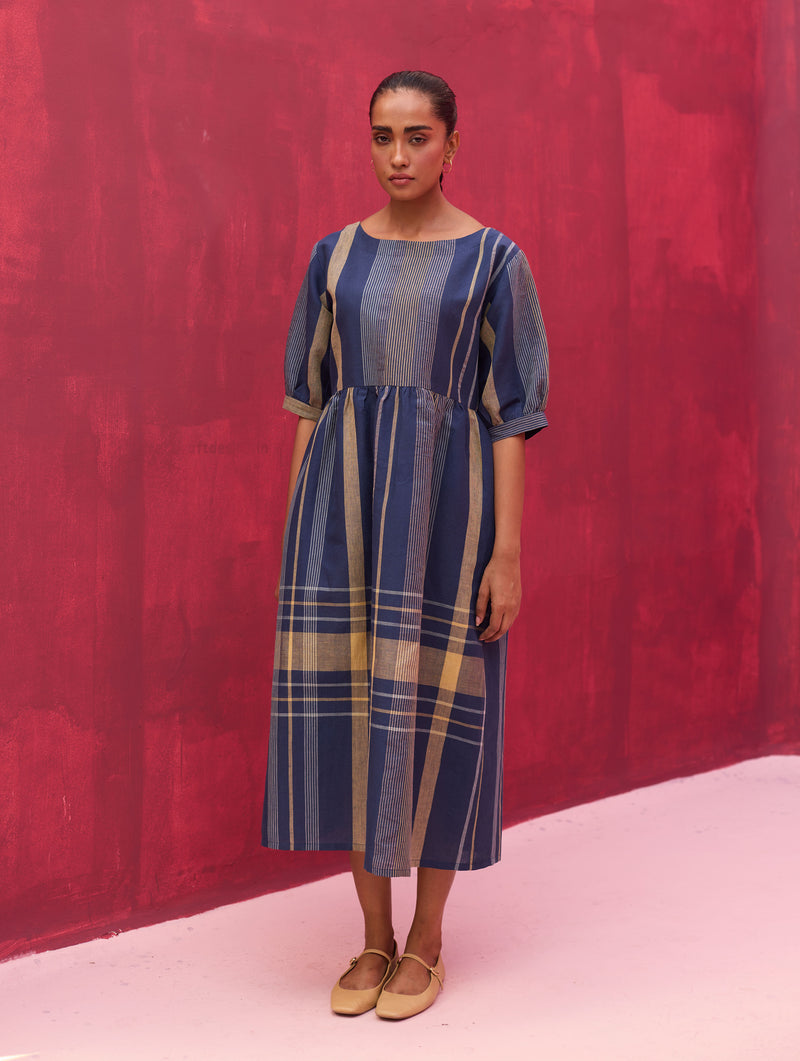 Nata Check Linen Dress - Navy