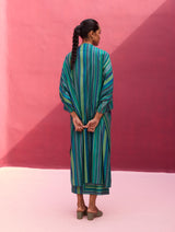 Irsa Silk Stripe Dress with Overlay - Peacock