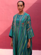 Irsa Silk Stripe Dress with Overlay - Peacock