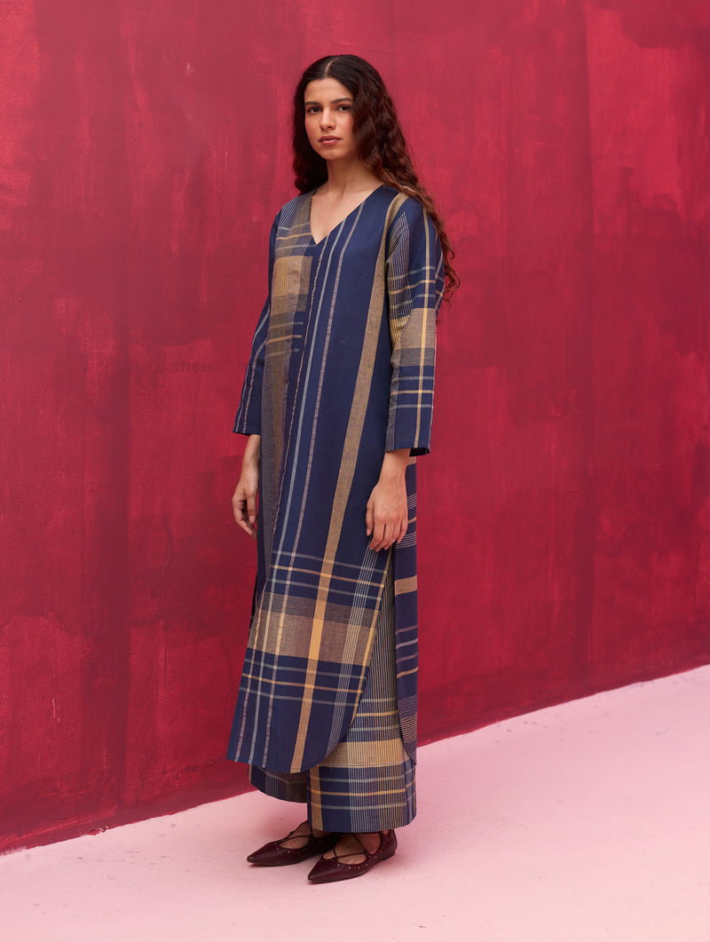 Inga Check Linen Kurta - Navy