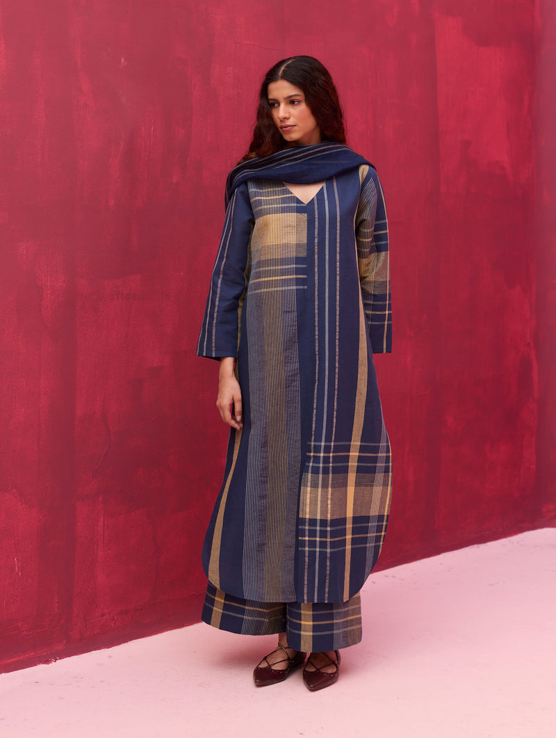 Inga Check Linen Kurta - Navy