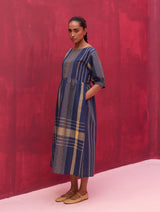 Nata Check Linen Dress - Navy