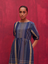 Nata Check Linen Dress - Navy