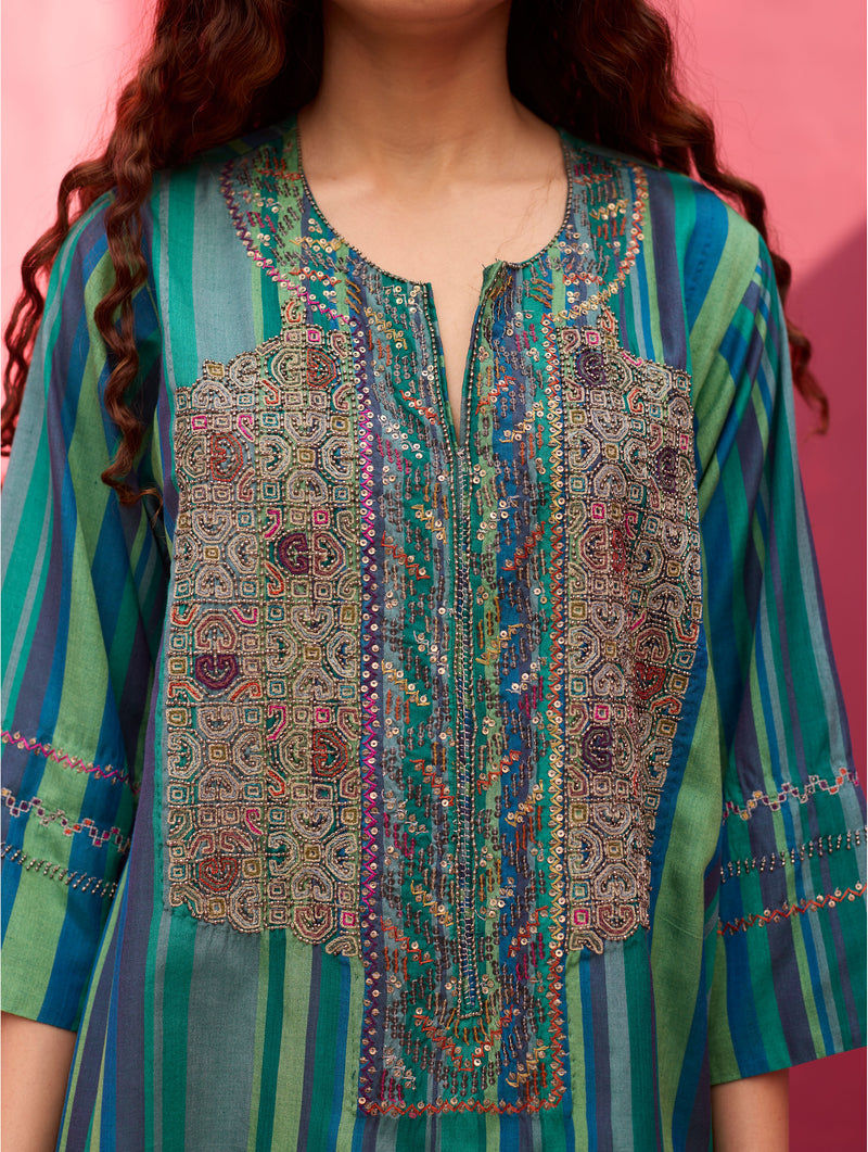 Olena Hand-Embroidered Silk Kurta - Peacock