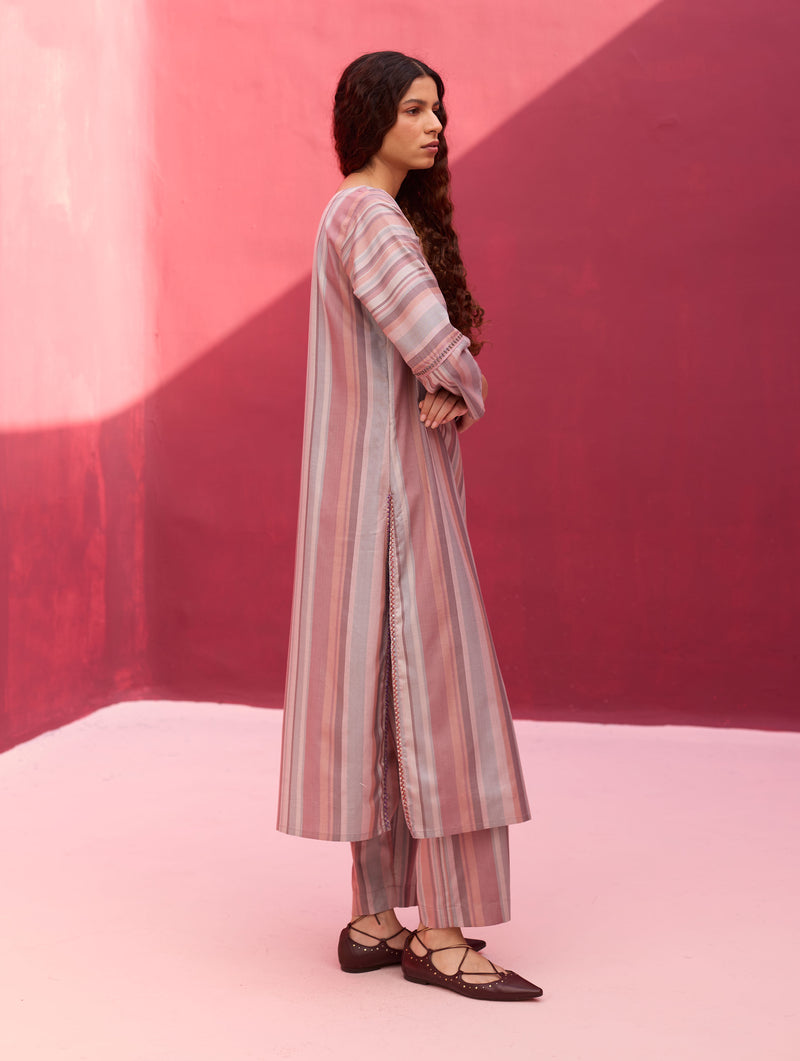 Nura Silk Stripe Kurta - Lavender