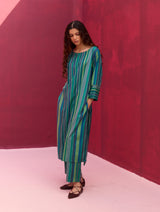 Nura Stripe Silk Kurta Set - Peacock