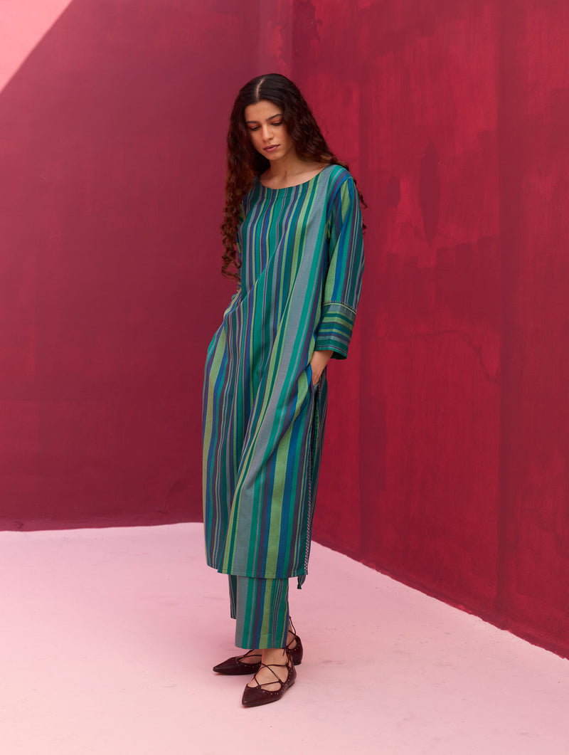 Nura Stripe Silk Kurta Set - Peacock