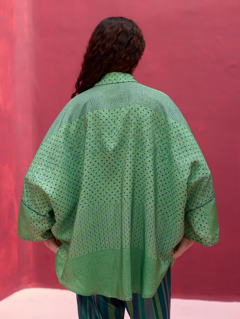 Aiza Block Printed Silk Shirt - Peacock