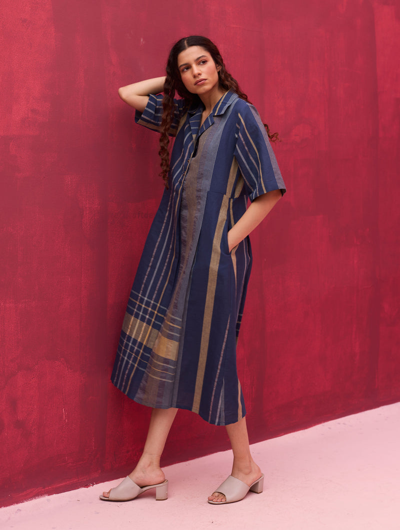 Vera Check Linen Dress - Navy