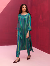 Nura Stripe Silk Kurta Set - Peacock