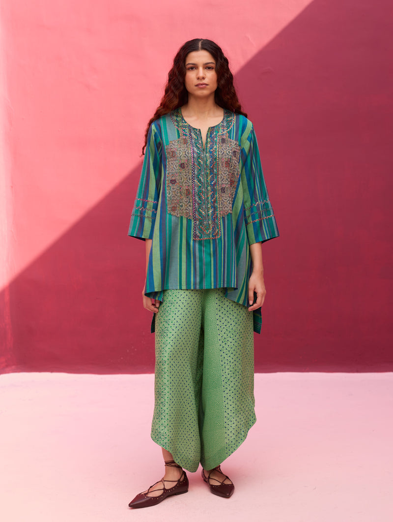 Zahira Block Printed Silk Pants - Peacock