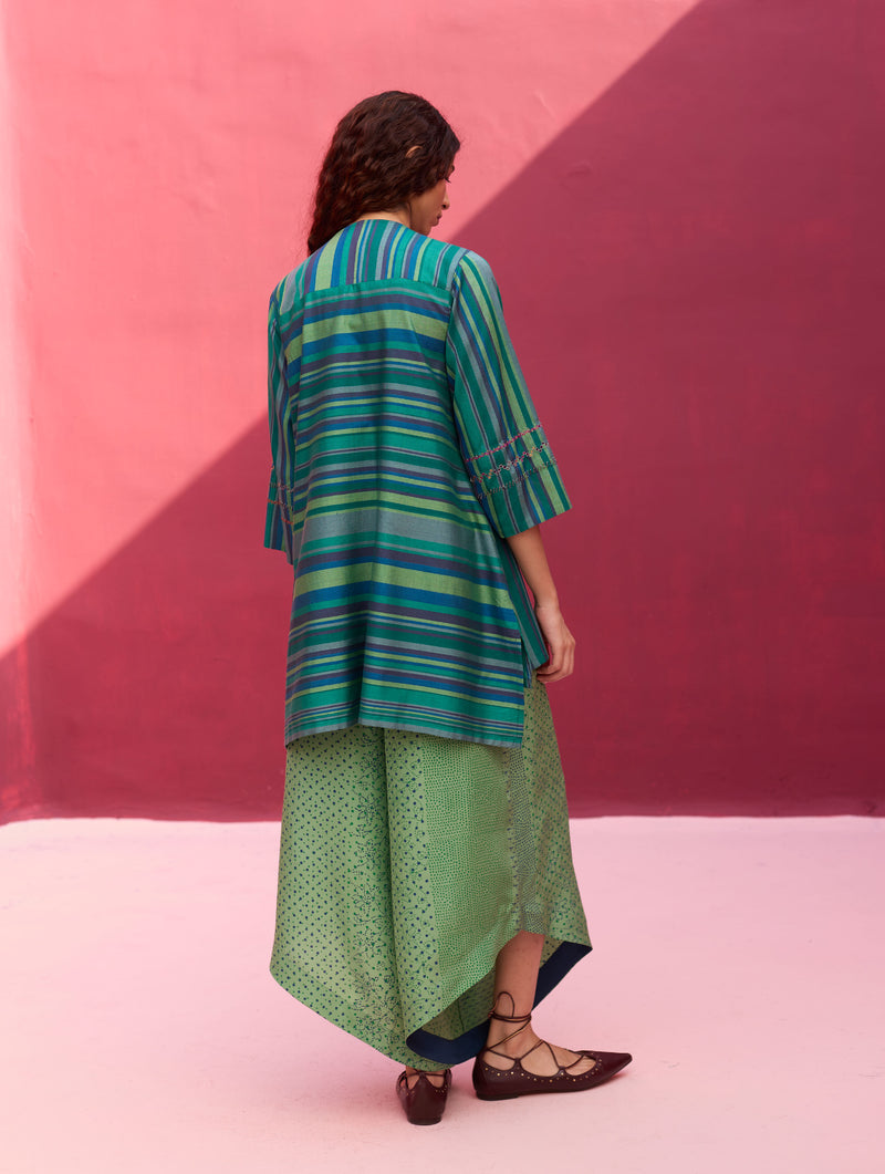 Olena Hand-Embroidered Silk Kurta Set - Peacock