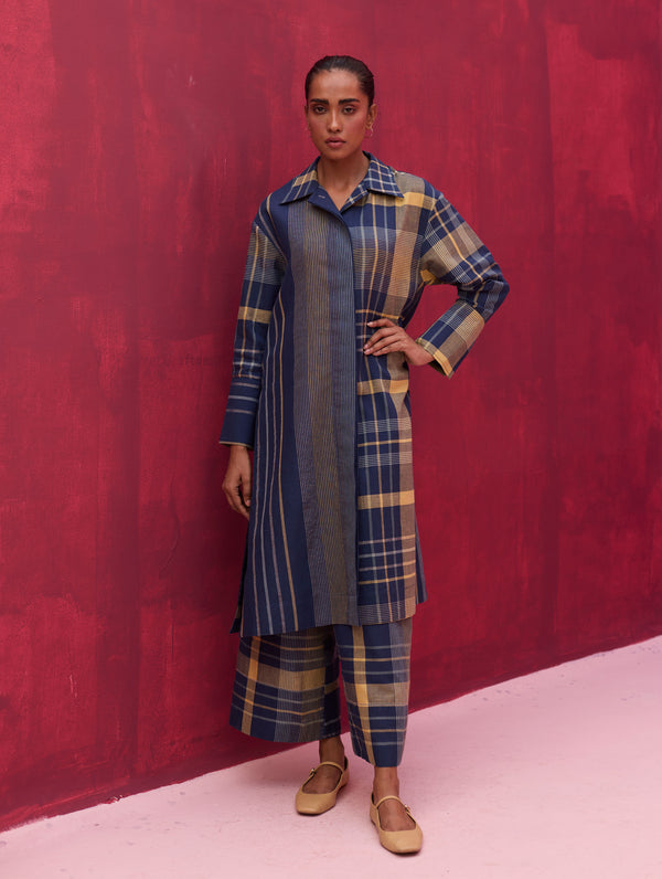 Masha Check Linen Shirt Kurta - Navy