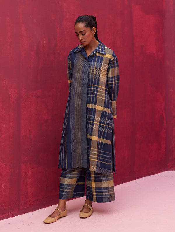 Masha Check Linen Shirt Kurta - Navy