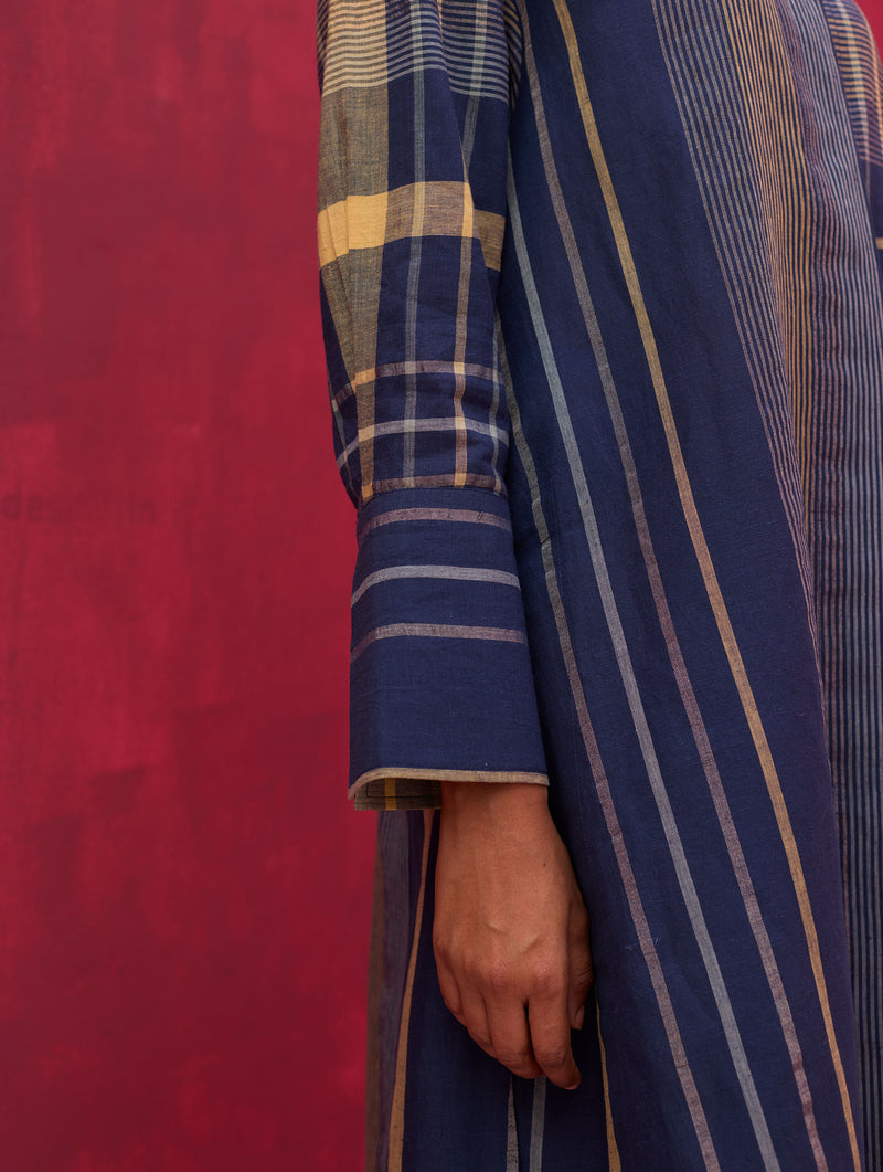 Masha Check Linen Shirt Kurta - Navy