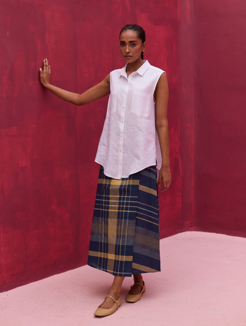 Para Check Linen Skirt - Navy